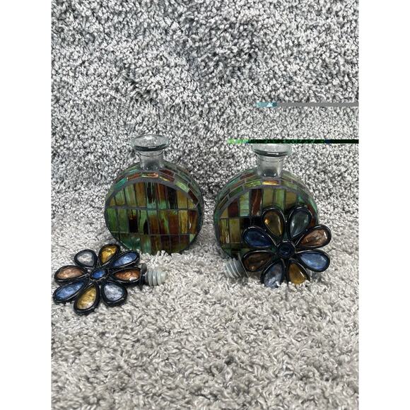 Decorative Glass Bottle With a Mosaic Design Flower Shaped Stopper Set Of 2 - Picture 5 of 9